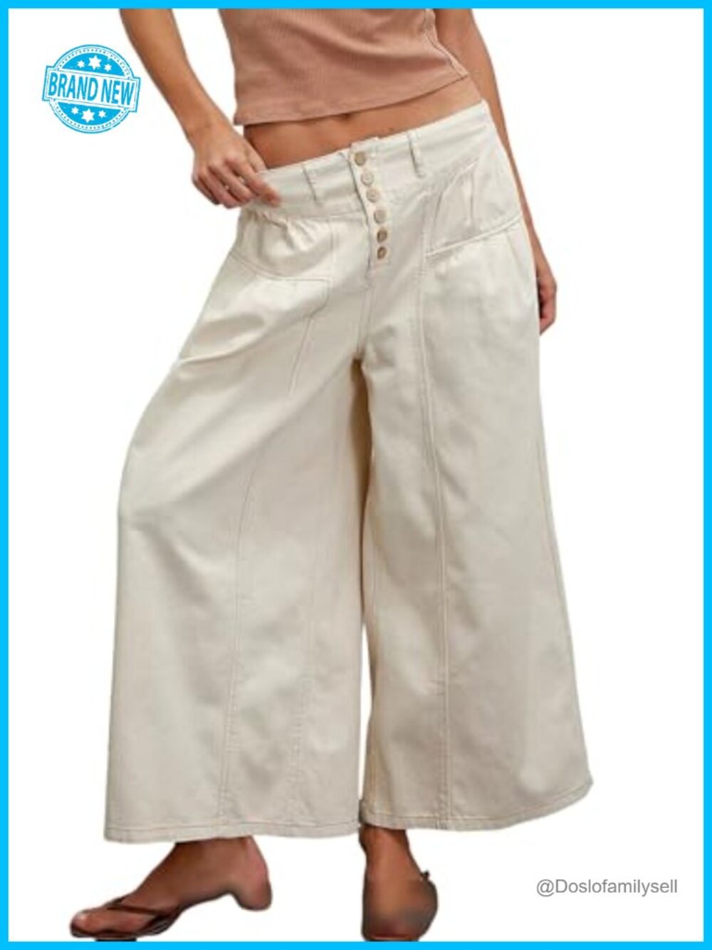 Women Mid Rise Pleated Wide Leg Palazzo Denim Jeans Cargo Elastic Waist